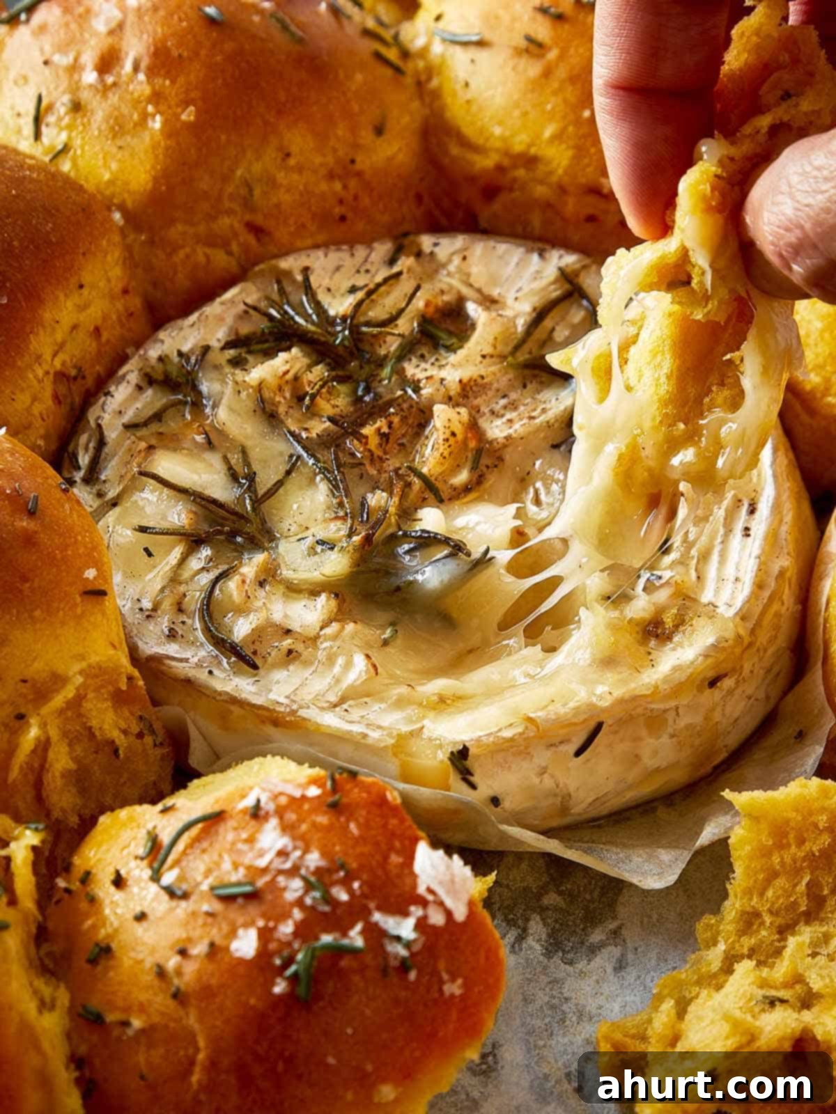 Close-up of a golden sweet potato bun being dipped into a luscious, melted Camembert cheese wheel, showcasing its creamy texture