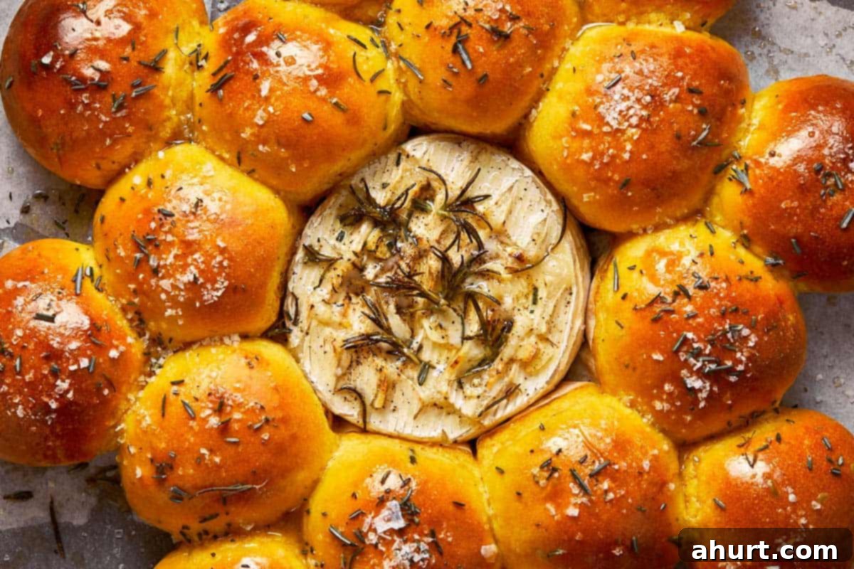 Close-up shot of the freshly baked Camembert and sweet potato buns, showing the golden crust and melted cheese, ready for dipping
