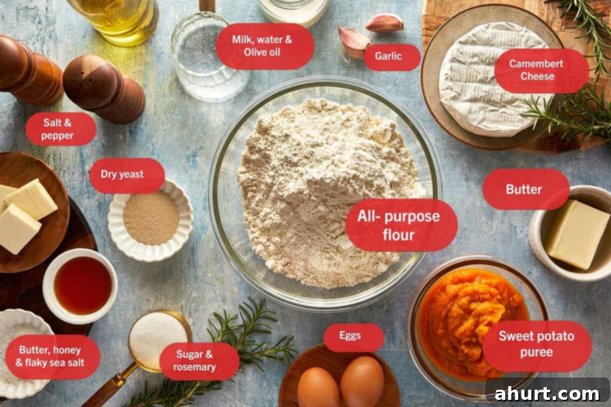 Top-down shot of fresh ingredients, including a wheel of Camembert, sweet potatoes, herbs, and spices, laid out for the Sweet Potato Bun Cheese Dip recipe