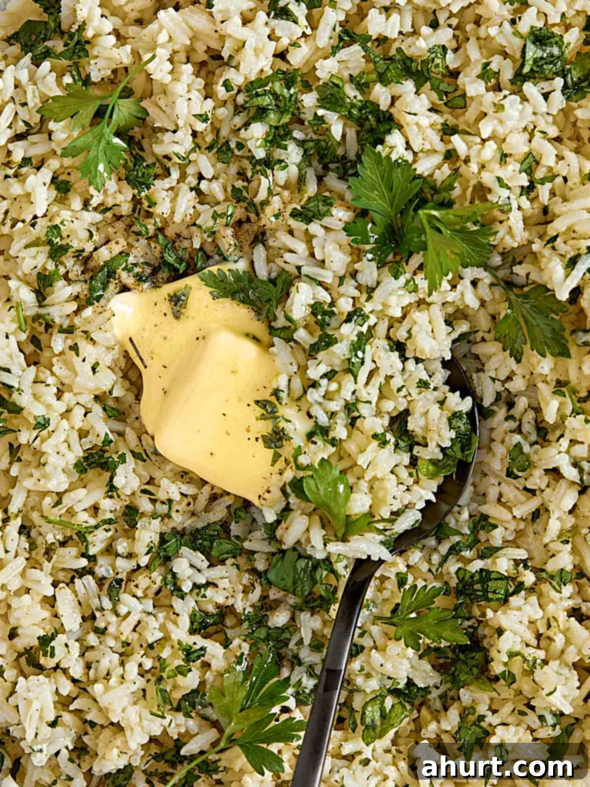 Simple and Flavorful Garlic Butter Rice 2 Close-up, top-down shot of fluffy garlic butter rice garnished with fresh parsley, ready to be served