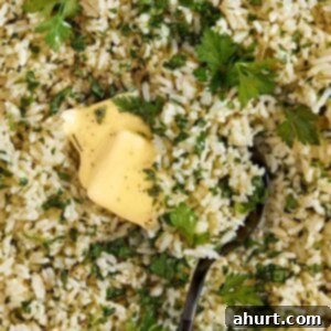 Simple and Flavorful Garlic Butter Rice 13 A vibrant close-up of finished Garlic Butter Rice with fresh herbs, ready for serving.