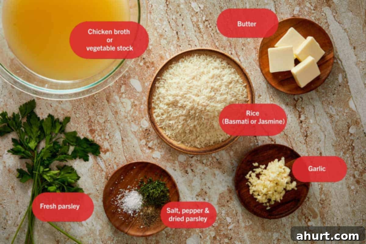 Simple and Flavorful Garlic Butter Rice 3 Top-down photo of a carefully arranged collection of ingredients used in garlic butter rice: butter, garlic cloves, uncooked rice, and a container of chicken bone broth