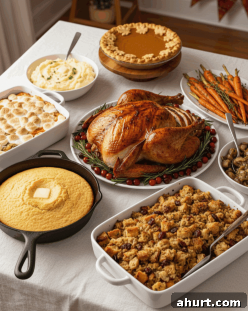 Master Your Thanksgiving 30 Recipes for a Perfect Feast 2 A beautifully decorated Thanksgiving table laden with a golden roasted turkey, fluffy cornbread, a vibrant green bean casserole, savory roasted garlic carrots, and a classic pumpkin pie, ready for a festive celebration.