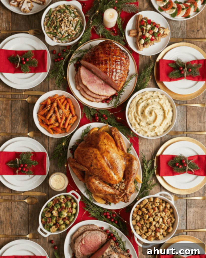 The Ultimate Christmas Feast: A Deliciously Doable Guide 2 A festive Christmas table laden with a roast turkey, maple-glazed ham, green bean casserole, roasted carrots, and creamy mashed potatoes.