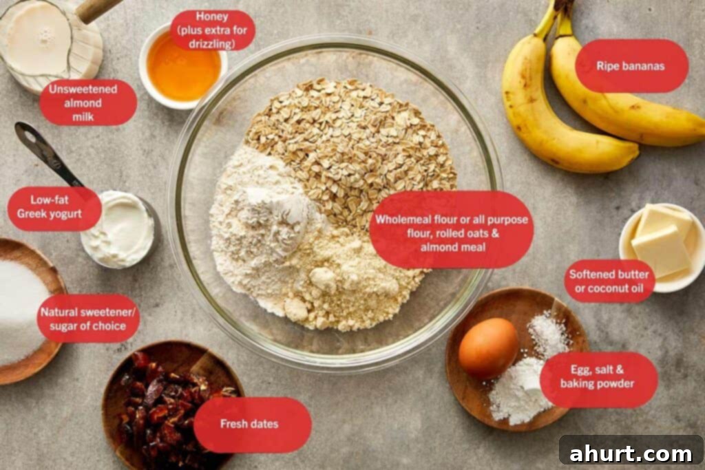 A top down shot of all the ingredients needed to make the muffin starting with all the flours in a mixing bowl in the middle and other ingredients in bowls around it.