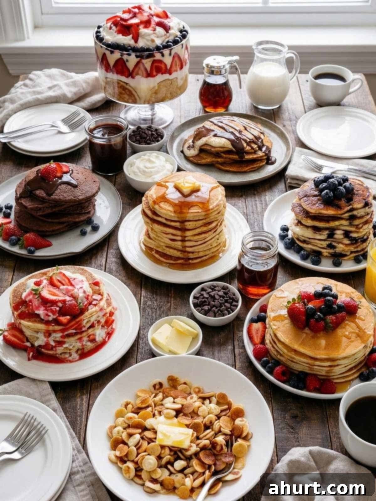 20 Irresistible Pancake Recipes for the Perfect Pancake Day Celebration 2 A delicious spread of pancake variations, featuring a cereal bowl filled with pancakes topped with strawberries and cream.