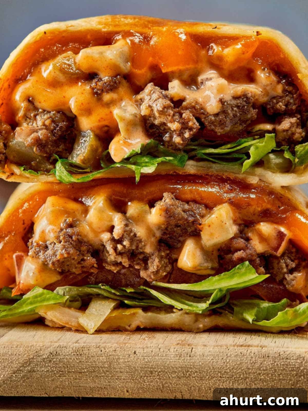 Cheeseburger Bliss Wrap 2 Close-up of two halves of a Big Mac Cheeseburger Wrap, showcasing the melted cheese, juicy meat, and special sauce.