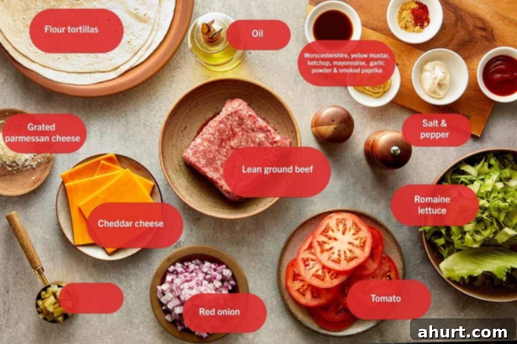 Cheeseburger Bliss Wrap 3 Overhead shot of all the ingredients needed to make Big Mac Cheeseburger Wraps.