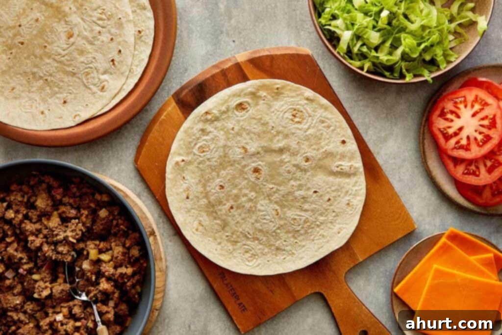 Cheeseburger Bliss Wrap 10 Tortilla wrap lying flat.