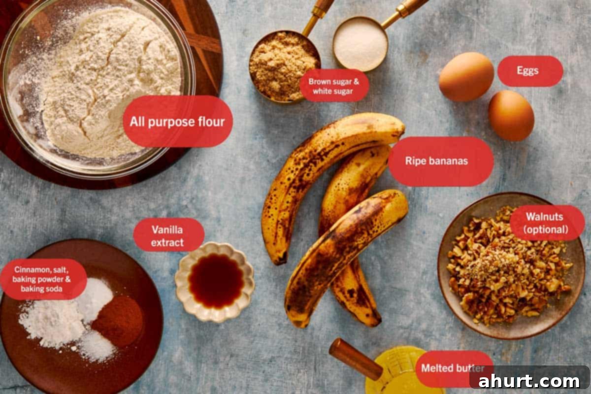 A top-down view showcasing all the necessary ingredients for making banana bread, neatly arranged in a bowl on a gray surface.