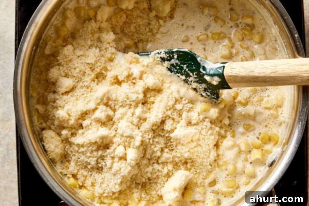 Grated parmesan being added to creamy corn mixture, ready to melt and thicken the sauce
