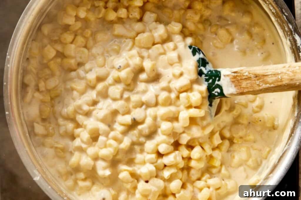 Creamy corn simmering in a rich sauce, thickened