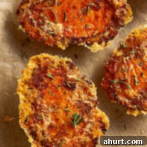 Crispy baked sweet potatoes with melted Parmesan and herbs on parchment paper
